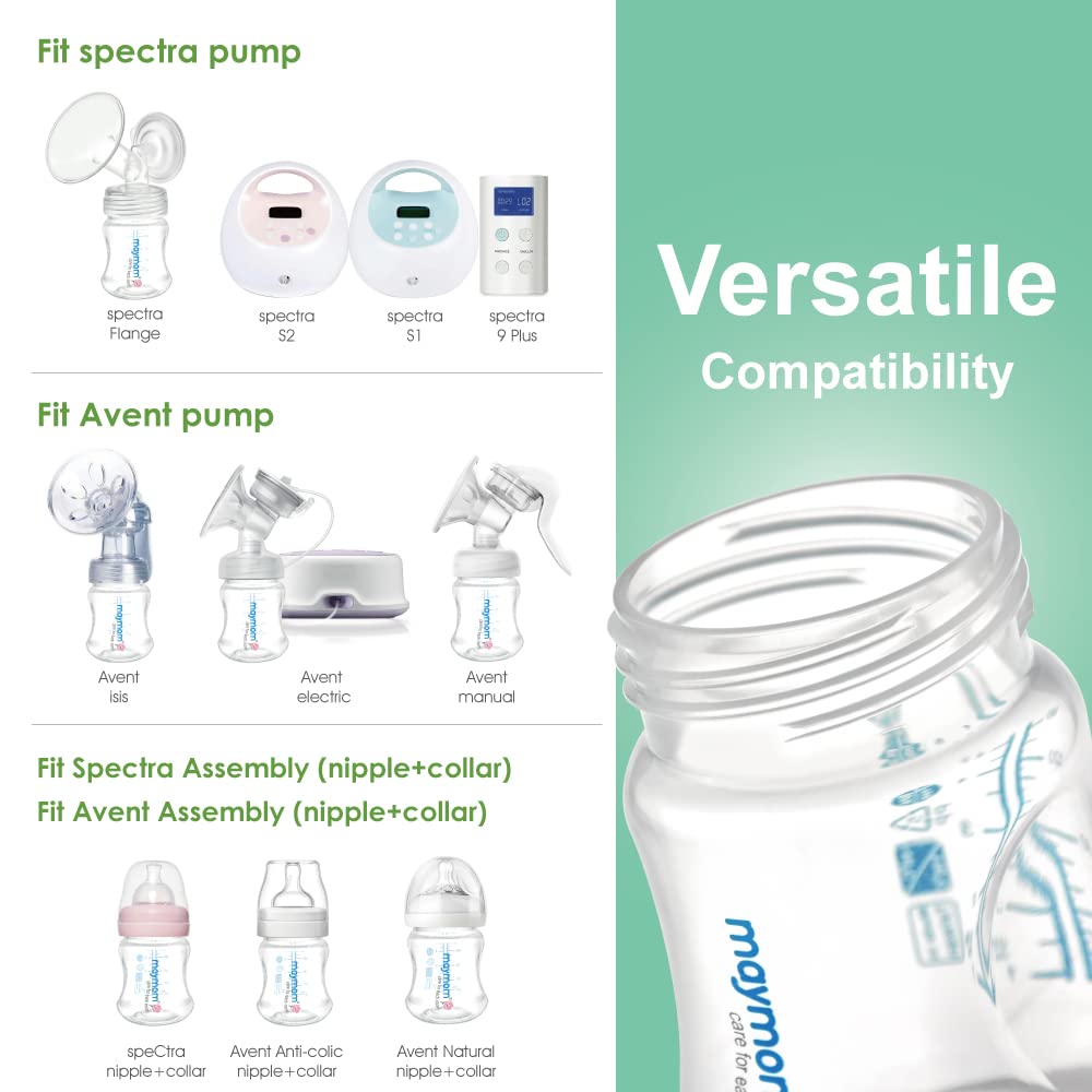 Maymom Wide-Mouth Milk Storage Feeding Collection Bottle with Nipple, Dome Cap, Bottle Top, SureSeal Sealing Disk; Compatible with Spectra Pump/Motif Luna; 5 pc (4.7Oz/140mL)