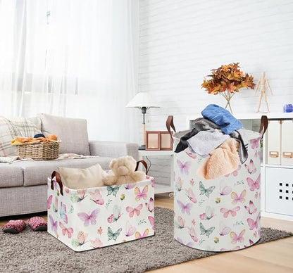 Rectangle Pink Butterfly Storage Basket with Handles, Collapsible Storage Bin, Books Box, Gift Basket(Pink Butterfly)