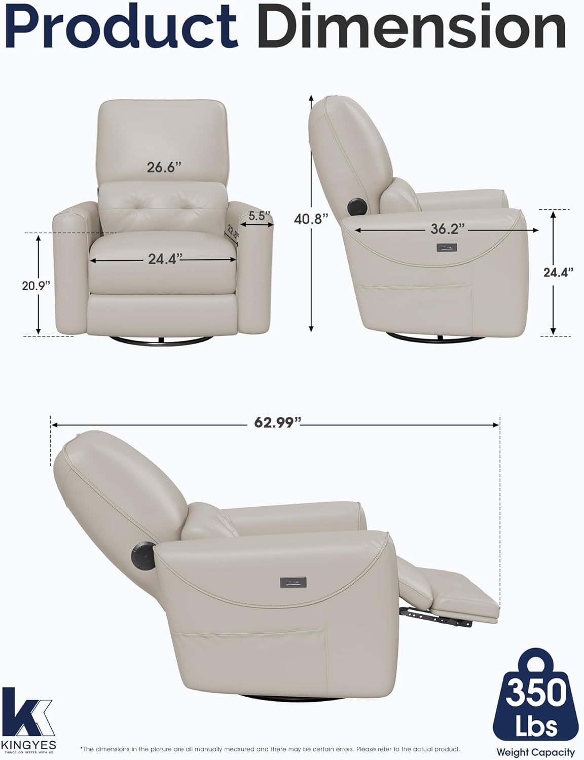 KINGYES Power Recliner Chair, 270° Swivel Glider, Living Room Recliner with USB-C Port, Nursery Rocking Chair, Gray