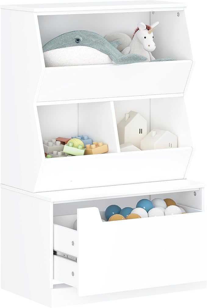 UTEX Kids Toy Storage Organizer, Bookshelf for Kids and Bookcase with Drawer, Children Open Storage Cubby for Playroom Nursery White