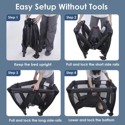 3 in 1 Pack and Play, Baby Bassinet, Changing Tabler - Portable Baby Playpen for Babies and Toddlers, Foldable Playard with Locking Wheels & Storage Diaper Basket(Black)