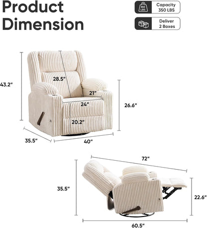 Oversized Power Recliner Chair with Massage and Heat, Swivel Rocker Recliner Chair for Adults with Arm Storage, Nursery Glider Recliner with Adjustable Headrest and Phone Stand, Side Pockets, Beige