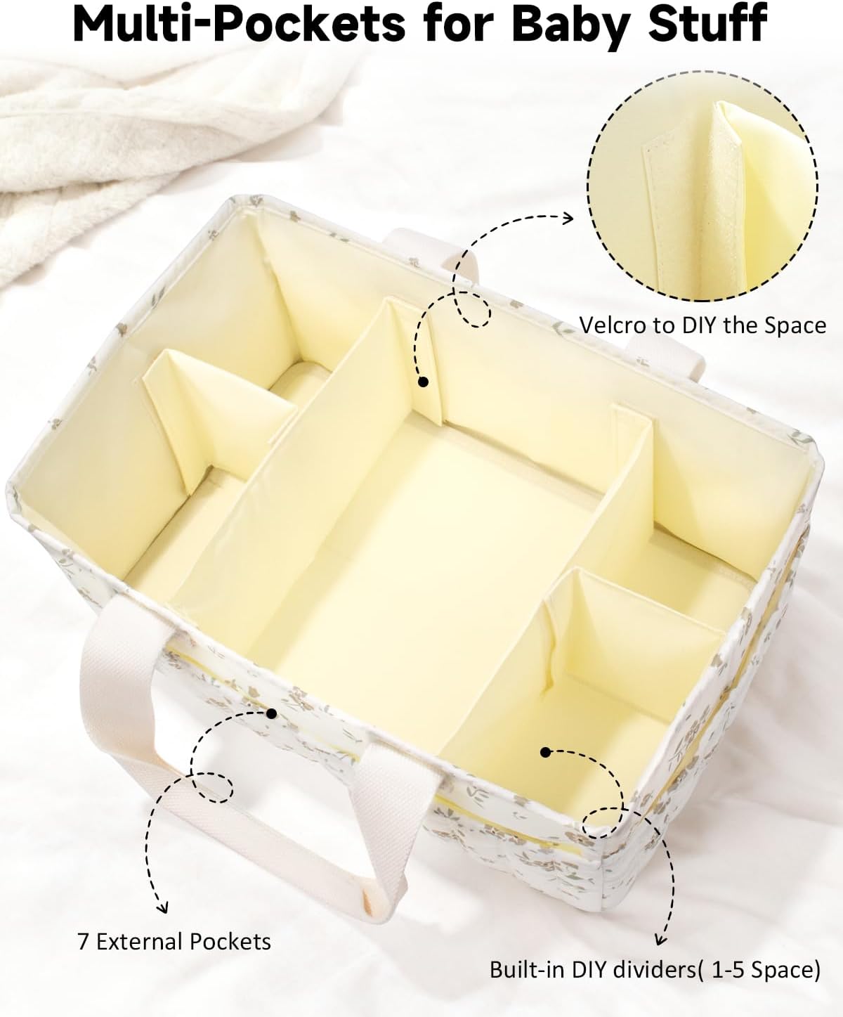 BuyCard Floral Baby Diaper Caddy Organizer, Large Quilted Nursery Storage Basket with Handle, Gift for Baby Shower, Newborn Parents Gift