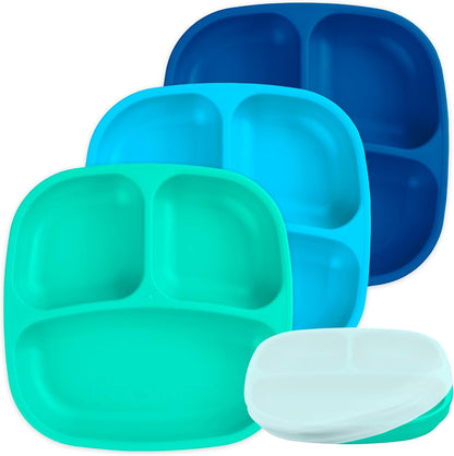 Re-Play Toddler Plates with Dividers - Deep-Walled 3 Compartments Divided Plates for Kids - Dishwasher & Microwave Safe - Made in USA - Set of 3-7.37" x 7.37" x 1.25" - Beach Baby