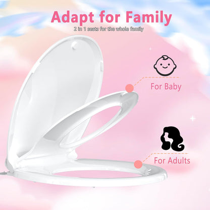 Aünsffer Toddler Toilet Seat with Potty Training Seat Round 16.5inch, 2 in 1 Toilet Seat for Family Built-in Baby Seat Removable, Soft Close + Easy Clean, PP Safe Material, Pink