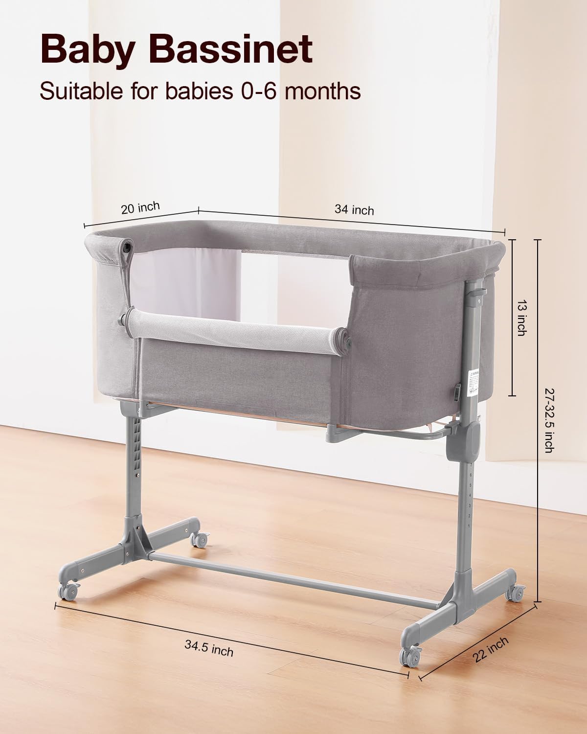 Larex Baby Bassinet, 3 in 1 Bassinets Bedside Sleeper Crib Sleeper for Newborn, Portable Crib Adjustable 7 Height Bedside Bassinet with Mattress and Movable Wheels，Breathable Mattress&Mesh(Dark Grey)