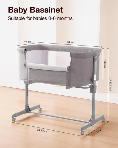 Larex Baby Bassinet, 3 in 1 Bassinets Bedside Sleeper Crib Sleeper for Newborn, Portable Crib Adjustable 7 Height Bedside Bassinet with Mattress and Movable Wheels，Breathable Mattress&Mesh(Dark Grey)