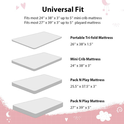 Baby Mini Crib Sheets Girl, Portable 38”x26” Pack and Play Sheets Fitted for Playard and Pack N Play Mattress, 3-Pack Soft Microfiber Pink Rainbow
