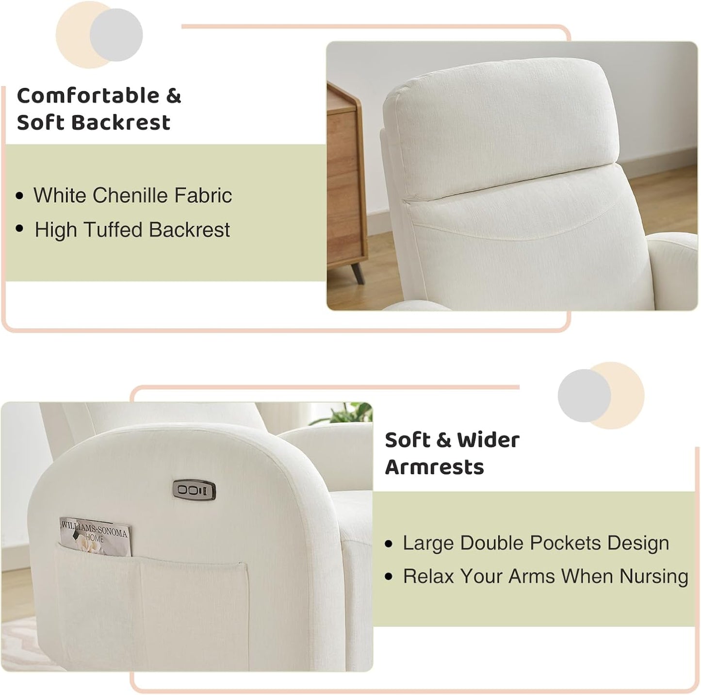 Swivel Rocker Recliner Chair, Rocking Recliner for Nursery with Side Pockets, Manual Swivel Reclining Nursery Glider Chair for Breastfeeding Living Room, Camel Chenille