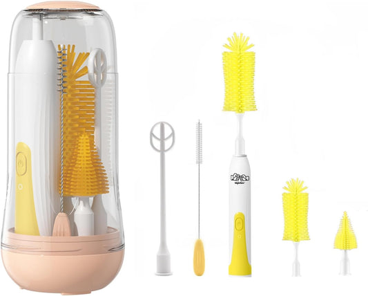 Travel Electric Baby Bottle Brush Set with Electric Bottle Cleaner and Water Bottle Brush and Nipple/Straw Brush,Milk Frother and Drying Rack(Yellow)