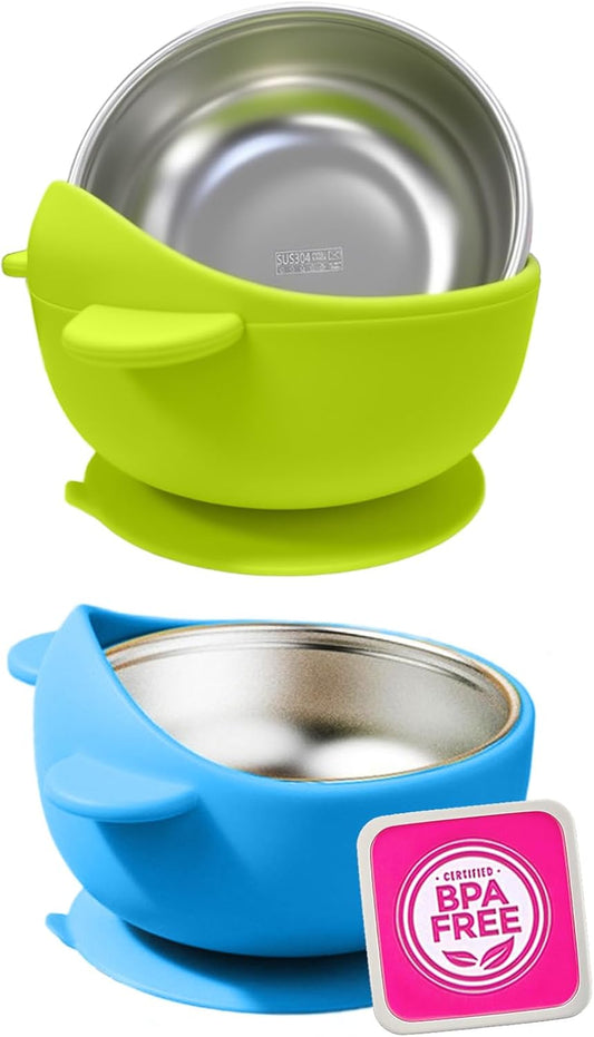 Stainless Steel Baby Bowls with Suction, 2-in-1 Toddler Feeding Set SUS304 Non-Toxic | Unbreakable & Anti-Scald | Super Strong Suction Base | Dishwasher Safe | Perfect Baby Gift - 4Pack Cu.Ft.