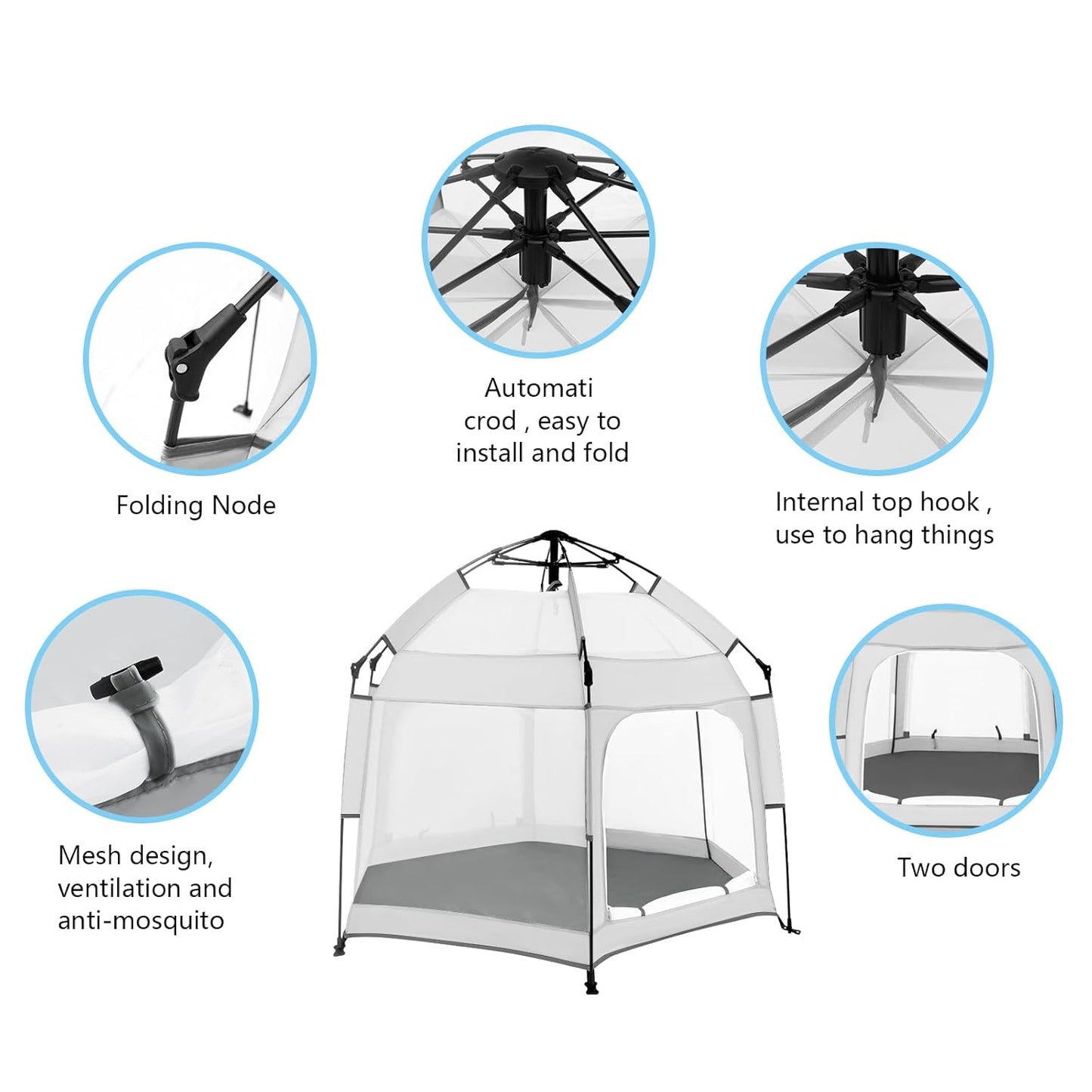 Bend River Baby Playpen with Canopy, Portable Baby Beach Tent, Toddler Play Yard Indoor and Outdoor, Foldable Mosquito Net for Infant - Grey