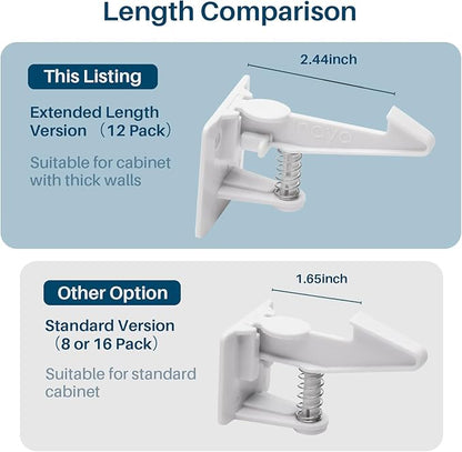 Inaya Cabinet Locks Child Safety Latches (Pro Extended) - Baby Proofing Cabinets & Drawers Locks - Child Proof Your Home - No Drilling & No Tools Required! (12 Pack)