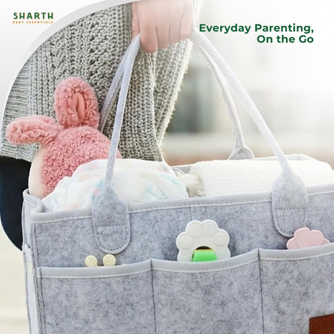 Sharth Baby Diaper Caddy Organizer with Handle, Baby Shower Gifts Basket Bag, Registry Search Must Haves Items, Nursery Storage Organizer for Newborn Girl Boy, Car Diaper Caddy (Gray)