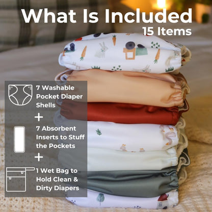 Nora's Nursery AWJ Cloth Diapers 7 Pack with 1 Wet Bag - Waterproof Cover, Washable, Reusable & One Size Adjustable Pocket Diapers for Newborns and Toddlers - Dahlia