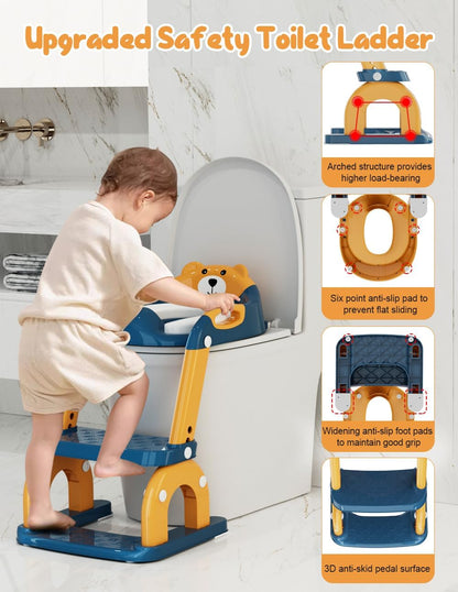 Potty Training Seat with Step Stool, Toddler Potty Training Toilet Seat with Non-Slip Step Splash Guard Safety Handles and Waterproof Cushion, 2 In 1 Toddler Potty Seat