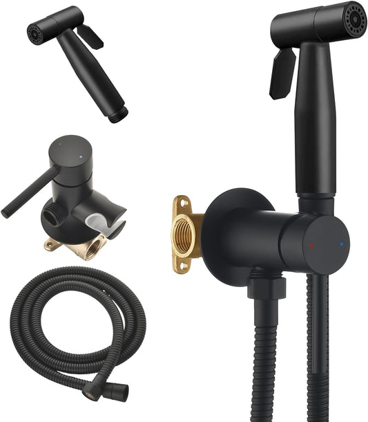Black Bidet Sprayer Handheld, Stainless Steel Adjustable 2-Mode Spray with Brass Hot & Cold Mixer Valve, Toilet Bidet Kit for Feminine Wash, Diaper Sprayer and Pet Bath