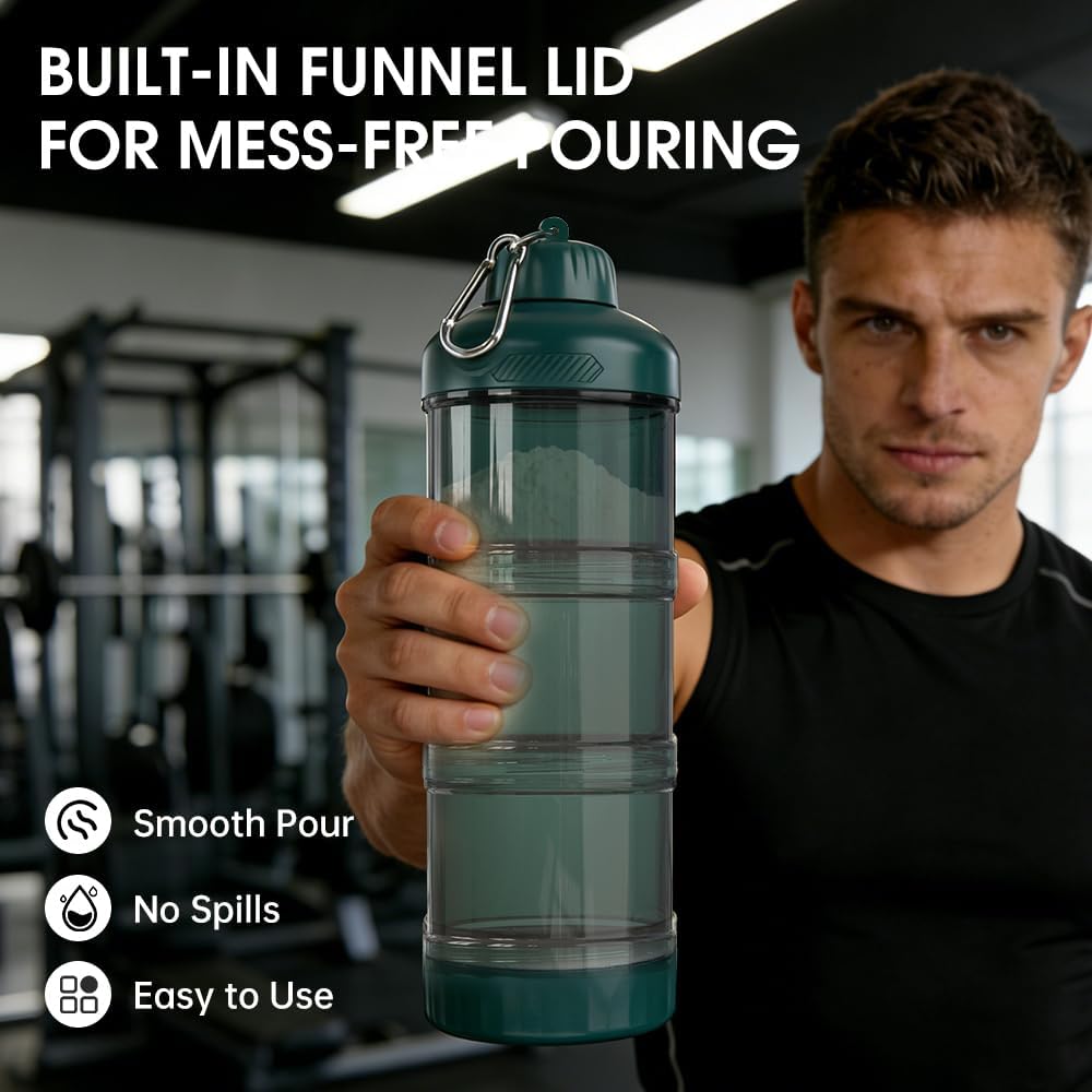 BYLWORKOUT 3-Layer Protein Powder Travel Container with Funnel and Keychain | Portable Food Storage Organizer for Gym, Fitness, Kitchen, Camping, Hiking, and Travel (Ink Blue)