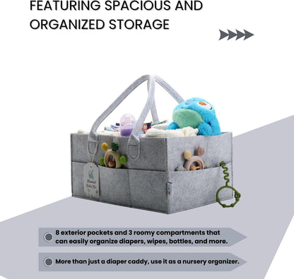 Hamid Baby Diaper Caddy Organizer – Includes Infant Face Cleaning Towel – Large Portable Nursery Storage Basket with 3 Compartments, 8 Pockets, Removable Dividers – Car, Travel Diaper Bag - Grey