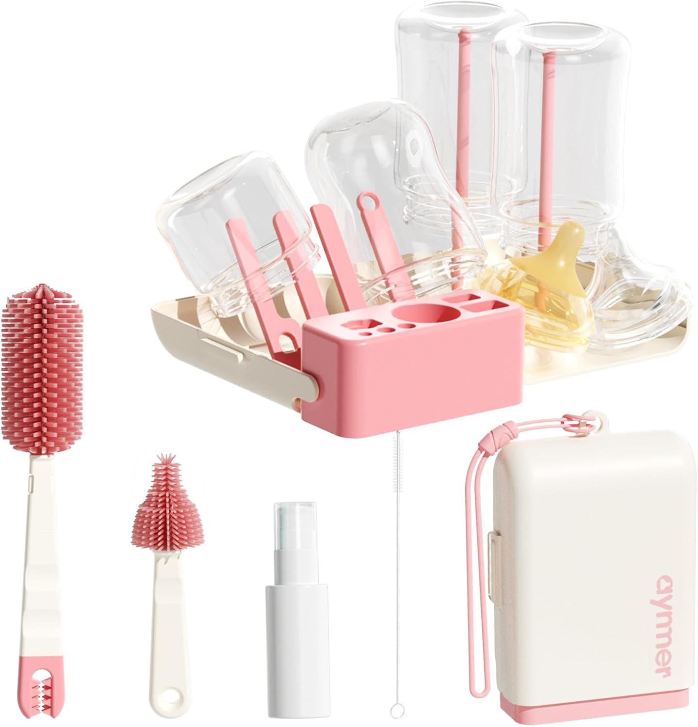 Aynmer Baby Bottle Brush, 10 in 1 Travel Baby Bottle Cleaner Brush Set with Silicone Brush, Nipple Brush, Straw Brush, Soap Dispenser, Portable Drying Rack, Breast Pump & Bottle Cleaning Kit - Pink
