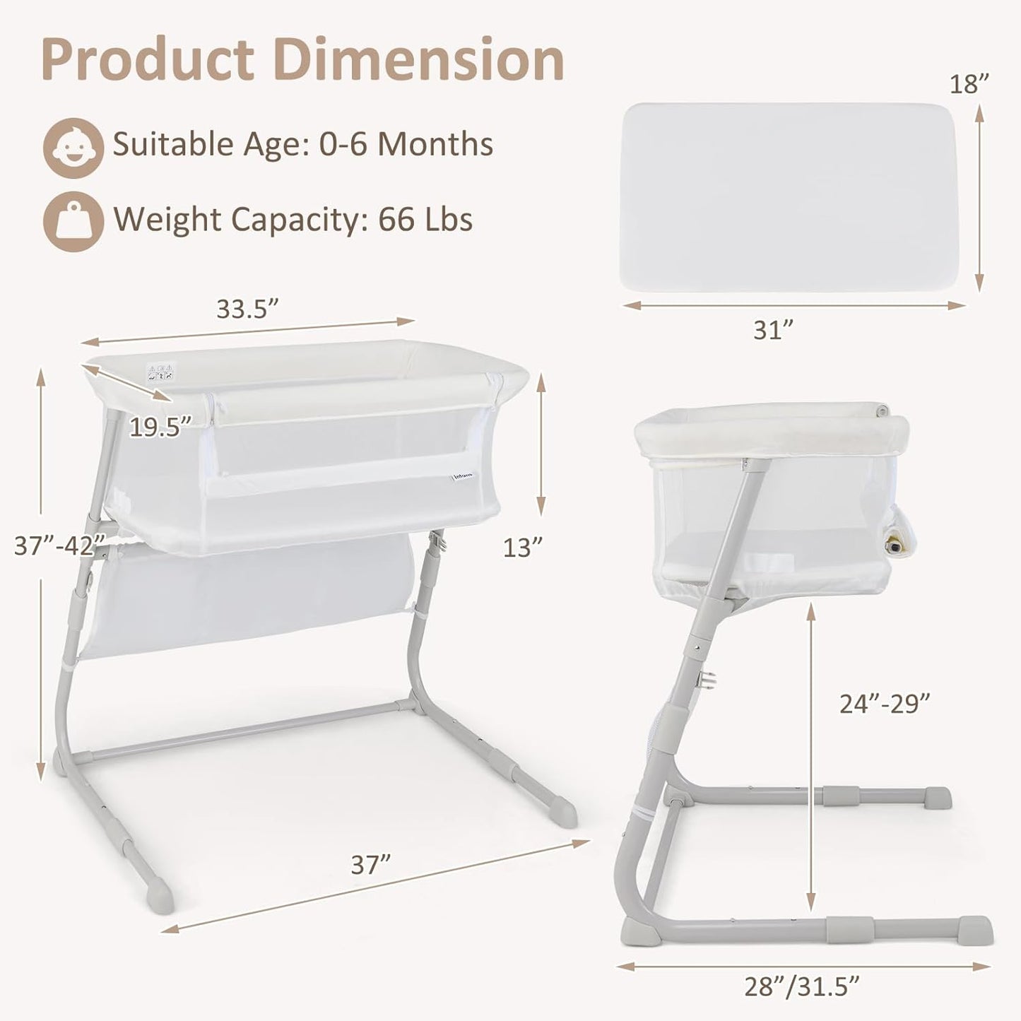 INFANS Over Bed Bassinet for Baby, Bedside Sleeper with Lowering Wall for Easy Access, Safe Close Sleeping, Adjustable Height, Storage, Newborn Infant Girls Boys (White)