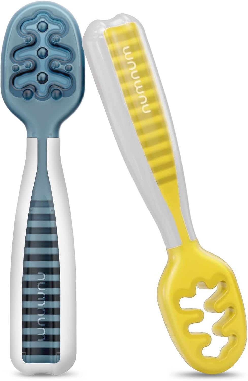 NumNum Baby Spoons Set, Baby Essentials Pre-Spoon GOOtensils for 6+ Months, First Stage Self-Feeding Spoons for Baby Led Weaning (BLW), Silicone Toddler Utensils, BPA-Free, 2 Pack Gray/Green