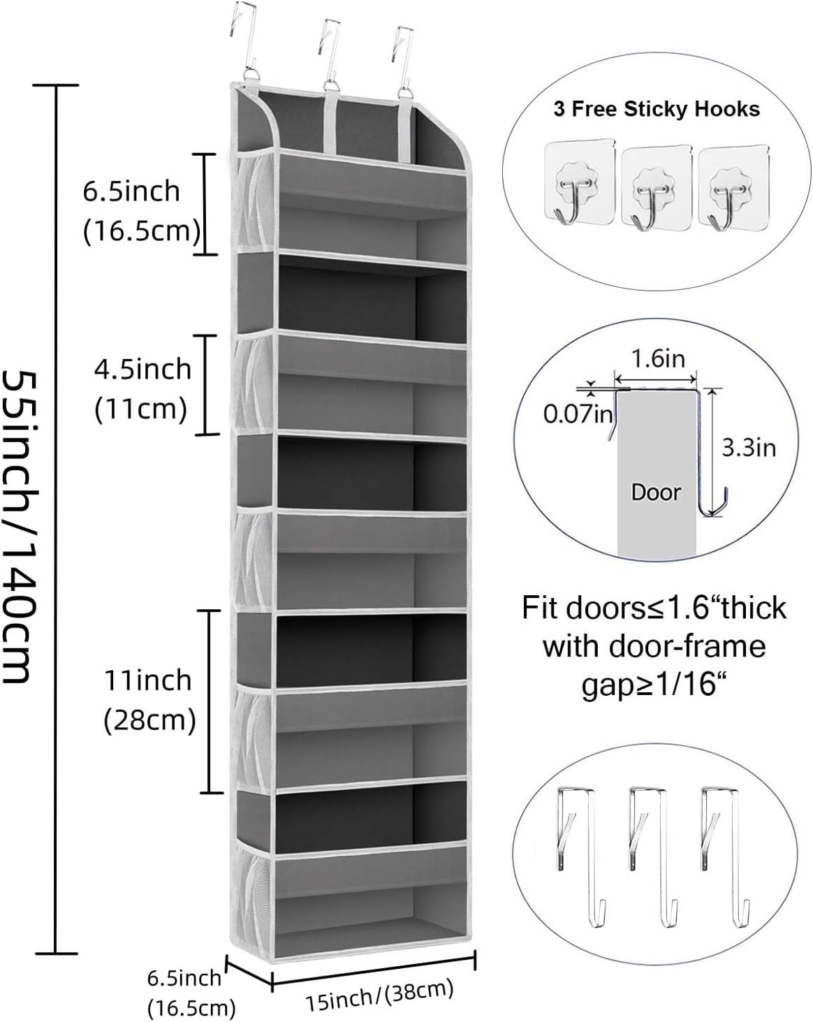 TAHAVICE 1 Pack Over The Door Organizer Storage, Hanging Organizer Closet with 5 Large Pockets 10 Mesh Pockets, 44 lbs Weight Capacity, Behind Door Storage for Nursery Bedroom Bathroom (Dark Grey)