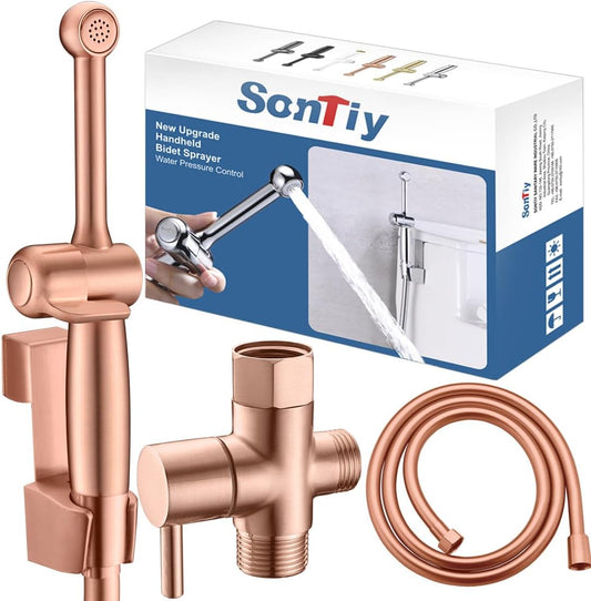 SonTiy Handheld Bidet Toilet Sprayer Kit, Rose Gold Hand Held Bidet Attachment Metal Cloth Diaper Toilet Sprayer with Backflow Preventer, Adjustable Water Jet Spray for Toilet, 7.9" Long Bidet Wand