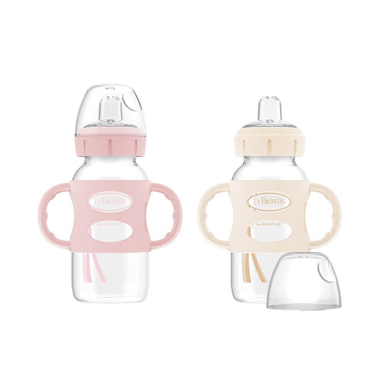 Dr. Brown's Milestones Wide-Neck Sippy Spout Bottle with 100% Silicone Handles, Easy-Grip Handles with Soft Sippy Spout, 9oz/270mL, Green & Gray, 2-Pack, 6m+