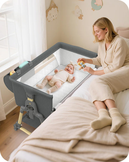 BIERUM Baby Bassinet Bedside Crib - 4 in 1 Bassinet Bedside Sleeper with Wheels, Mattress and Breathable Sides, 7 Height Adjustable, Stable and Secure Crib for Newborns