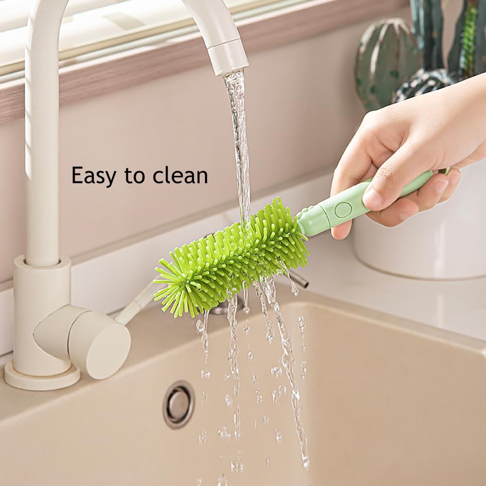 6 In1 Baby Bottle Brush Kit,Portable Silicone Bottle Brush Cleaner Set with Straw Brush,Nipple Brush,Drying Rack,Soap Dispenser,Storage Bag for Travel or Home,Compact&Space-Saving(Pink)