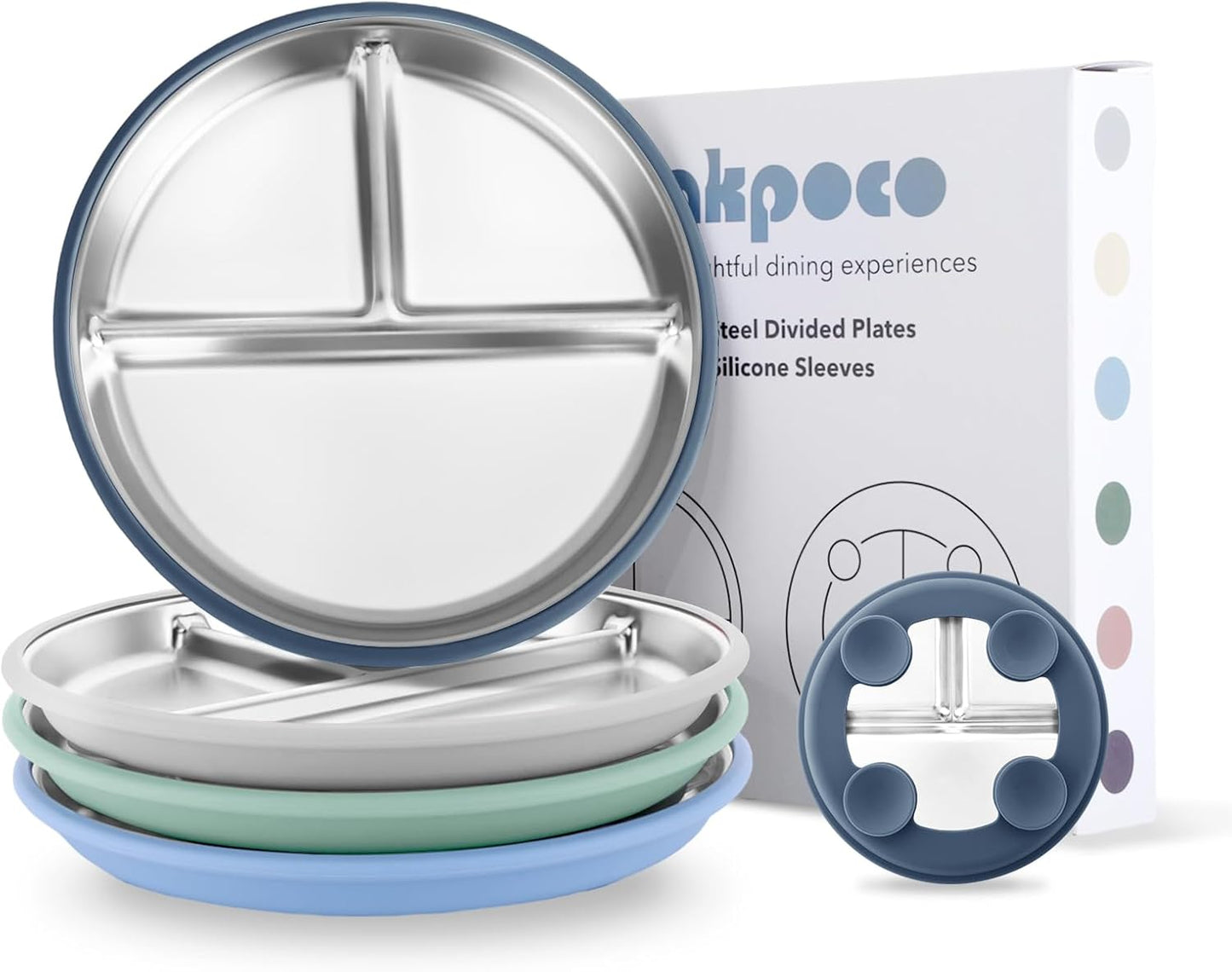 Bakpoco Stainless Steel Toddler Plate with Suction, 9” Divided Plates with Removable Silicone Sleeves for Kids, Non Toxic & BPA Free | Non Slip | Unbreakable Baby Snack Dishes Set of 2, Blue & Gray