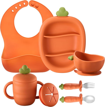 Carrot Shape Silicone Baby Feeding 6 Pack Set, 1 Suction Bowl & Plate, Bib, Spoon, Fork, Cup (Bowl with Spoon and Fork)