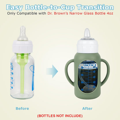 Sippy Straw Cup Conversion Kit with Silicone Sleeves for Dr. Brown's Narrow Glass Baby Bottle 4oz,Anti Breakage Baby Bottles Replacement Kit with Handle and Soft Sippy Spout,6m+,Set of 3