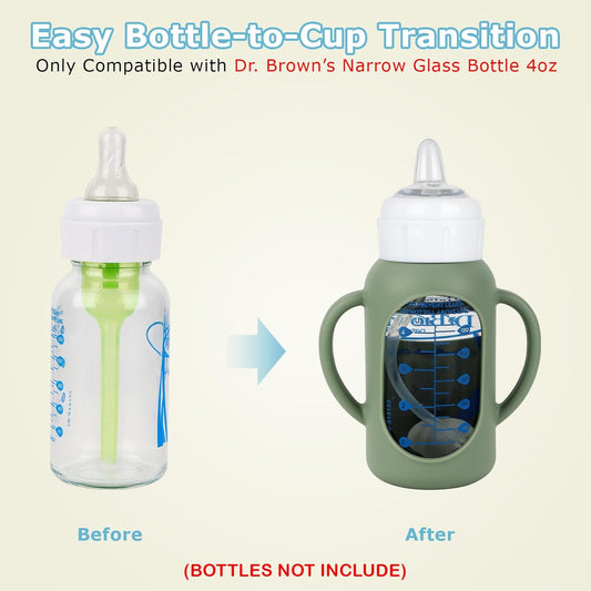 Sippy Straw Cup Conversion Kit with Silicone Sleeves for Dr. Brown's Narrow Glass Baby Bottle 4oz,Anti Breakage Baby Bottles Replacement Kit with Handle and Soft Sippy Spout,6m+,Set of 3