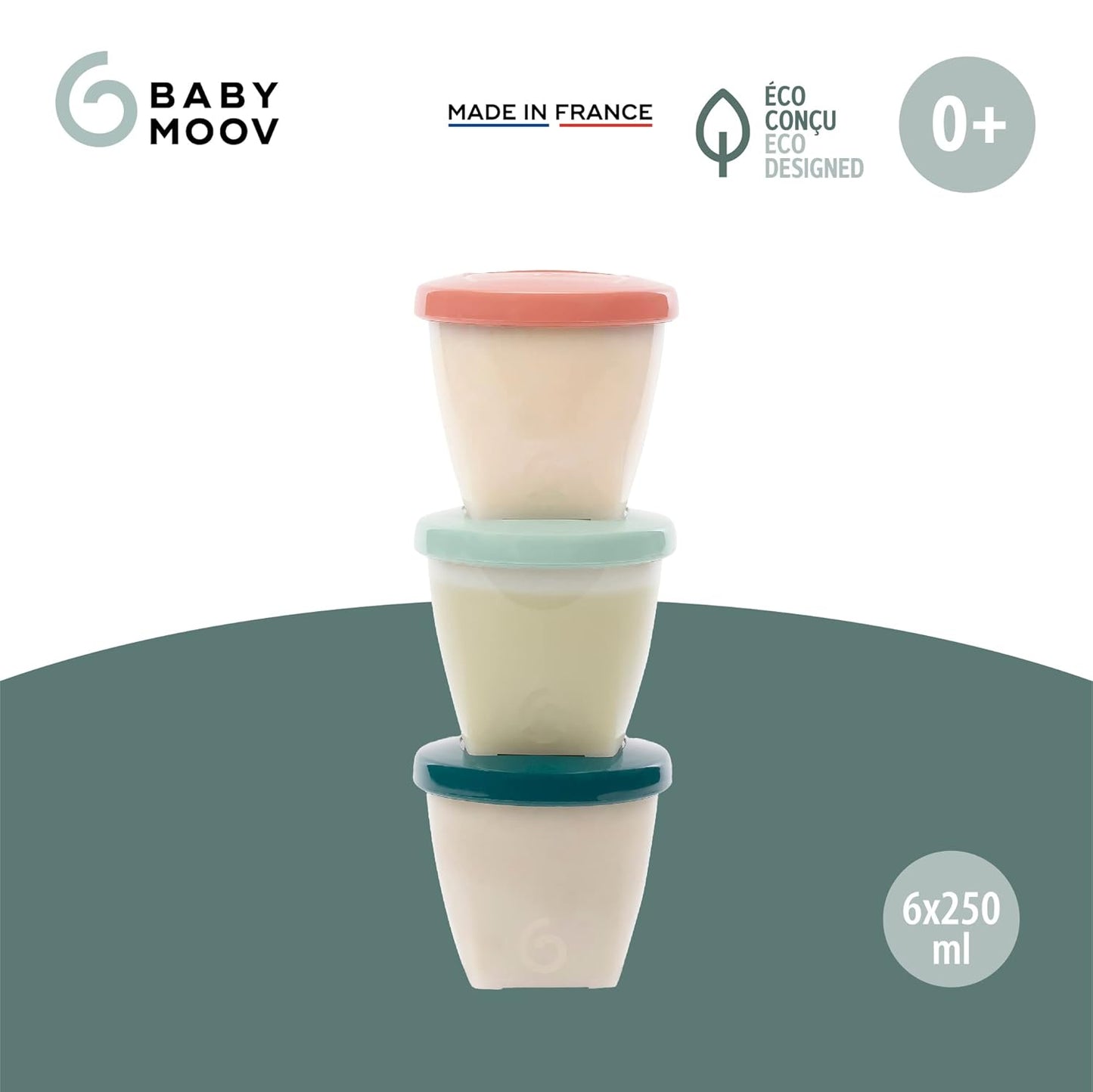 Babymoov Eco-Friendly Baby Food Jars | Set of 6 (8.45oz Each) BPA-Free Storage Containers | Made from Biosourced Sugar Cane | Leakproof Silicone Lids | Microwave, Freezer & Dishwasher Safe