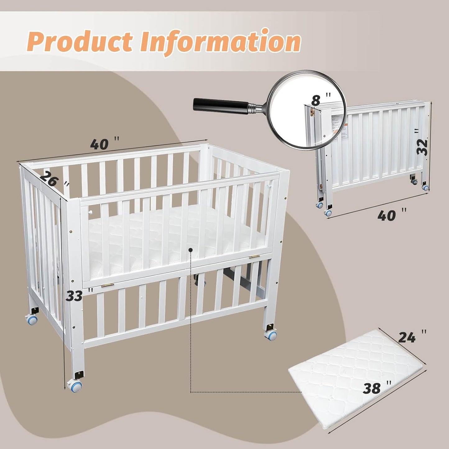 Flwrgirl Folding Wood Bedside Bassinet - Portable 4-in-1 Baby Bassinet with Breathable Mattress,3 Heights Baby Crib with Wheels,Mini Crib for Infant Newborn and Small Space,White