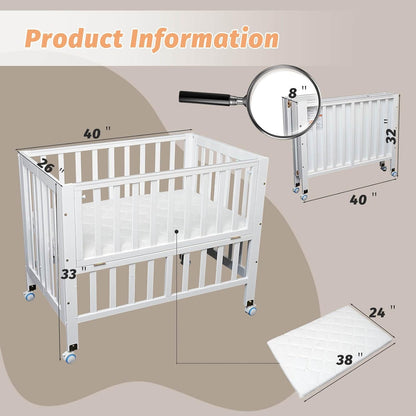 Flwrgirl Folding Wood Bedside Bassinet - Portable 4-in-1 Baby Bassinet with Breathable Mattress,3 Heights Baby Crib with Wheels,Mini Crib for Infant Newborn and Small Space,White