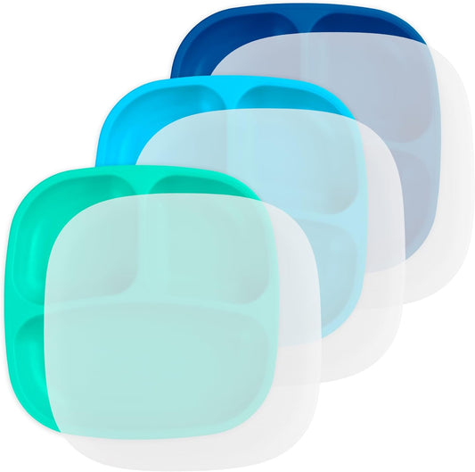 Re-Play Toddler Plates with Dividers - Deep-Walled 3 Compartments Divided Plates for Kids - Dishwasher & Microwave Safe - Made in USA - Set of 3-7.37" x 7.37" x 1.25" - Beach Baby