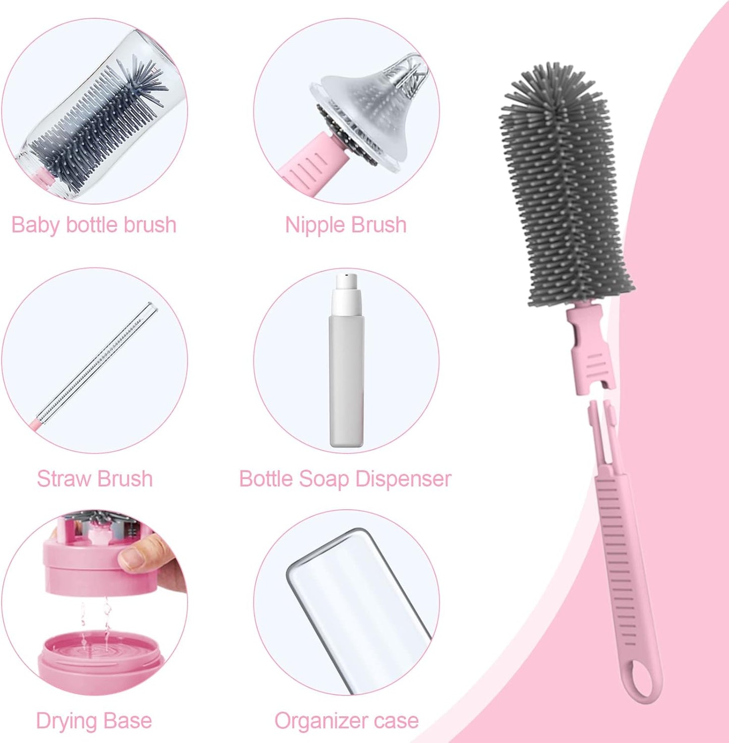 WHNLTravel Baby Bottle Brush Set with Bottle Cleaner Brush Set and Drying Rack,Gift for Newborn Mothers, Suitable for Travel and Home(Yellow)