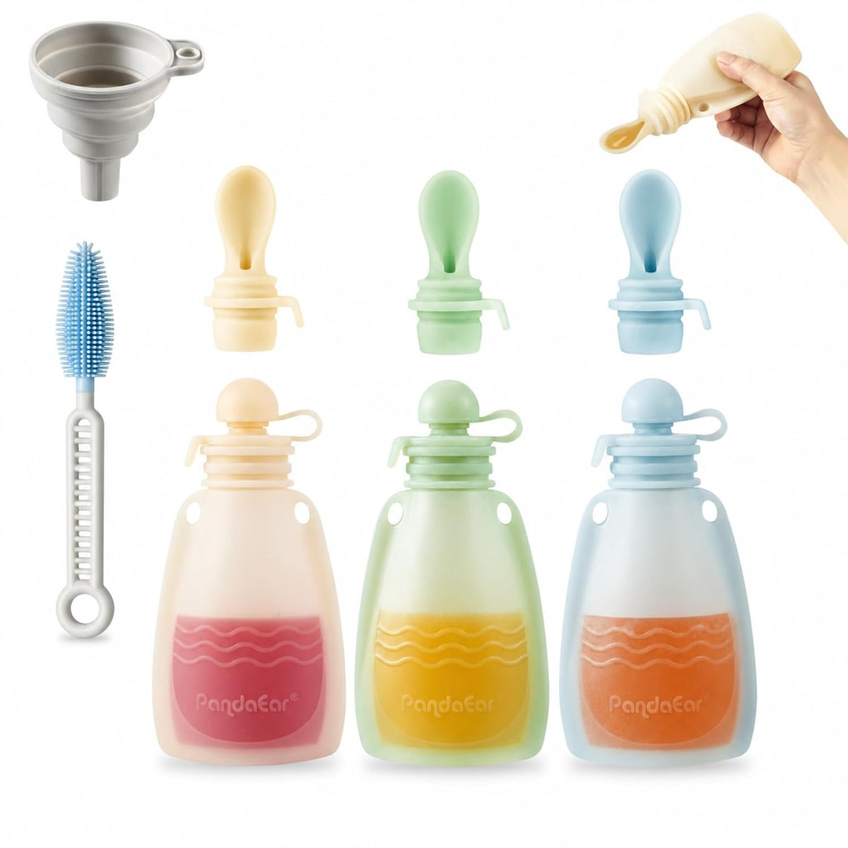 3 Pack Silicone Baby Food Pouches, Reusable Squeeze Pouches for Toddler with 3 Silicone Puree Feeder Spoon, BPA-Free Silicone Refillable Infant Food Storage, 5 oz (Light Tan&Walnut&Grey)