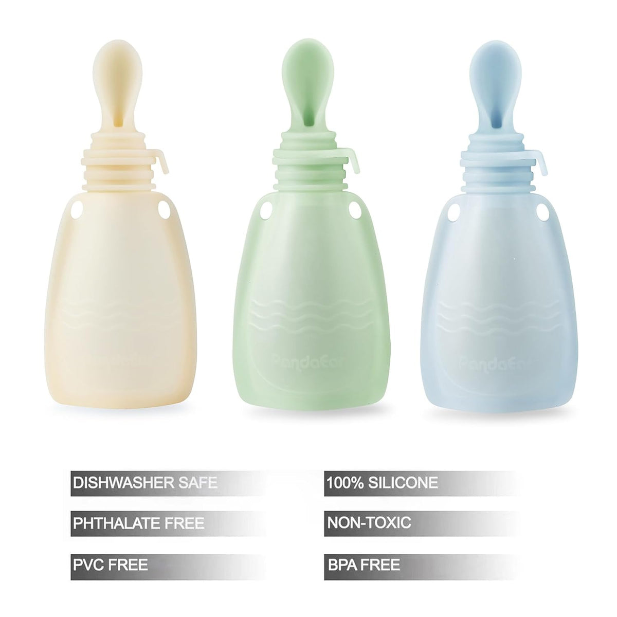 3 Pack Silicone Baby Food Pouches, Reusable Squeeze Pouches for Toddler with 3 Silicone Puree Feeder Spoon, BPA-Free Silicone Refillable Infant Food Storage, 5 oz (Light Tan&Walnut&Grey)