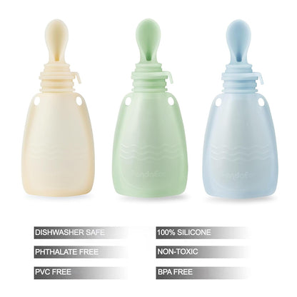 3 Pack Silicone Baby Food Pouches, Reusable Squeeze Pouches for Toddler with 3 Silicone Puree Feeder Spoon, BPA-Free Silicone Refillable Infant Food Storage, 5 oz (Light Tan&Walnut&Grey)