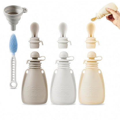 3 Pack Silicone Baby Food Pouches, Reusable Squeeze Pouches for Toddler with 3 Silicone Puree Feeder Spoon, BPA-Free Silicone Refillable Infant Food Storage, 5 oz (Light Tan&Walnut&Grey)