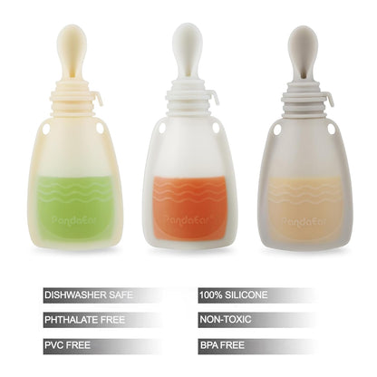 3 Pack Silicone Baby Food Pouches, Reusable Squeeze Pouches for Toddler with 3 Silicone Puree Feeder Spoon, BPA-Free Silicone Refillable Infant Food Storage, 5 oz (Light Tan&Walnut&Grey)