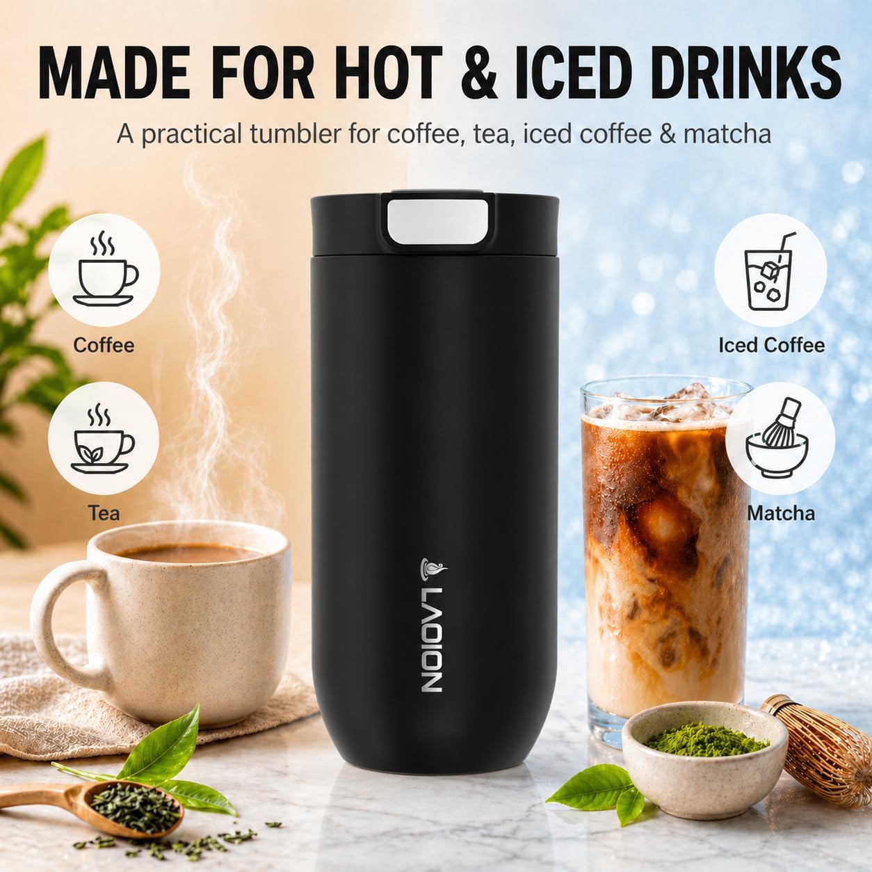 17 oz Insulated Coffee Tumbler, Stainless Steel Travel Coffee Mug | Stainless Steel Travel Coffee Mug with Slider Lid, Reusable Iced Coffee Cup for Office, Car, Commute, Gray