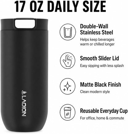 17 oz Insulated Coffee Tumbler, Stainless Steel Travel Coffee Mug | Stainless Steel Travel Coffee Mug with Slider Lid, Reusable Iced Coffee Cup for Office, Car, Commute, Gray