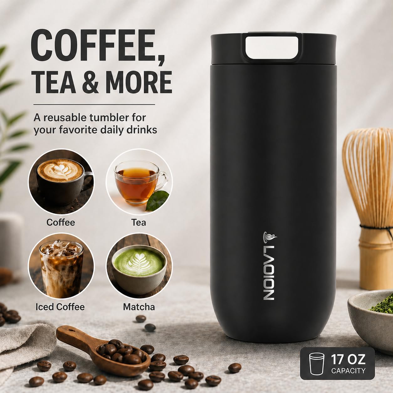 17 oz Insulated Coffee Tumbler, Stainless Steel Travel Coffee Mug | Stainless Steel Travel Coffee Mug with Slider Lid, Reusable Iced Coffee Cup for Office, Car, Commute, Gray