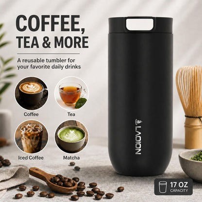 17 oz Insulated Coffee Tumbler, Stainless Steel Travel Coffee Mug | Stainless Steel Travel Coffee Mug with Slider Lid, Reusable Iced Coffee Cup for Office, Car, Commute, Gray
