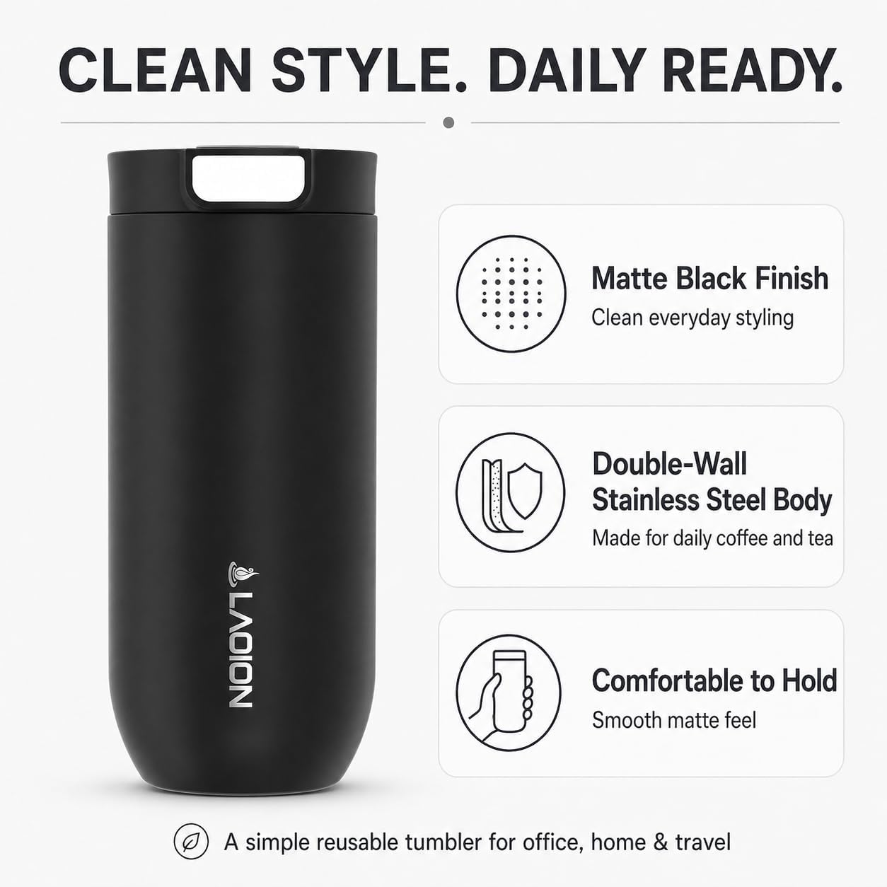 17 oz Insulated Coffee Tumbler, Stainless Steel Travel Coffee Mug | Stainless Steel Travel Coffee Mug with Slider Lid, Reusable Iced Coffee Cup for Office, Car, Commute, Gray